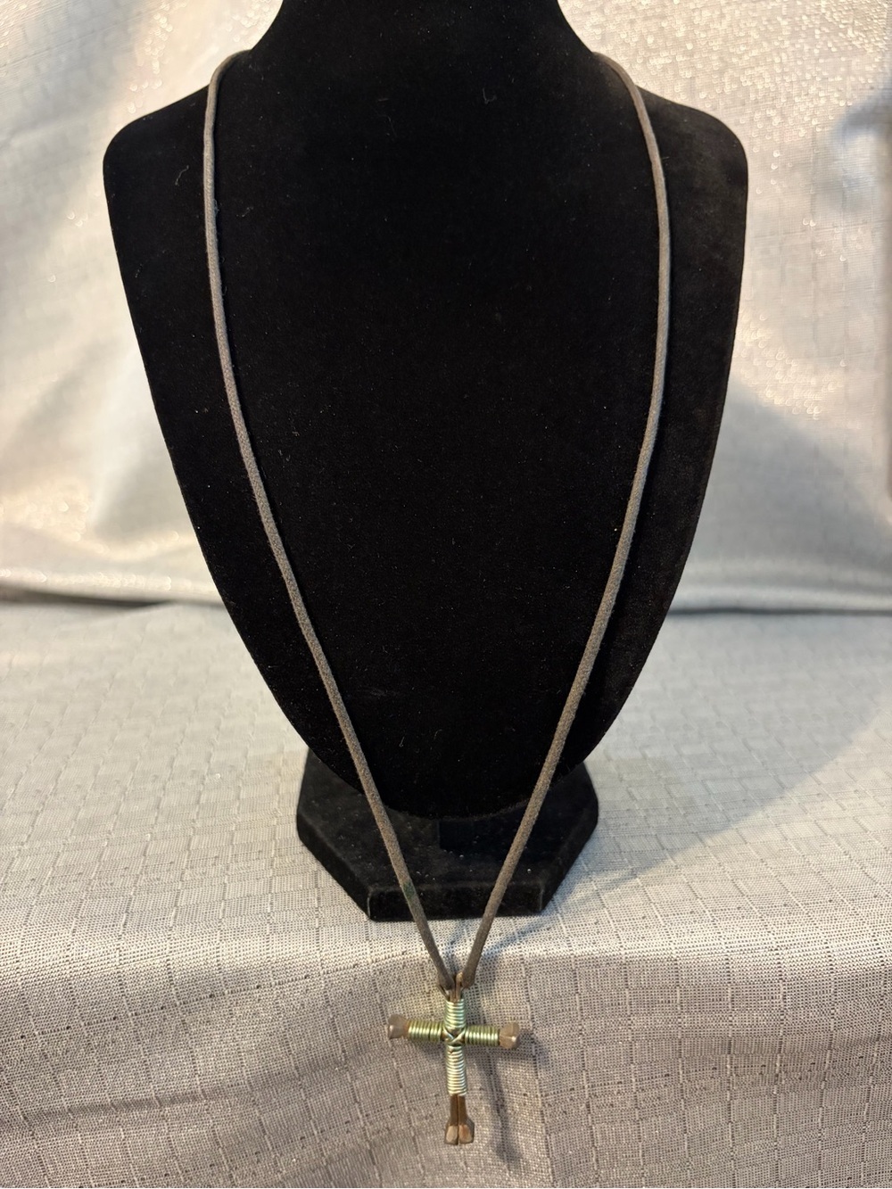Leather Cord Necklace with Green Wire-Wrapped Cross Pendant - Unbranded